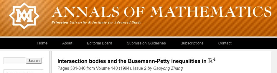 Annals of Mathematics: Intersection bodies and the Busemann-Petty inequalities in R4, Gaoyong Zhang, 1994