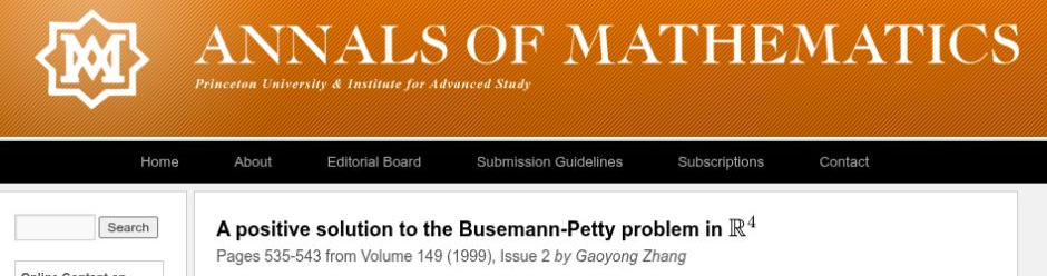 Annals of Mathematics: A positive solution to the Busemann-Petty problem in R4, Gaoyong Zhang, 1999