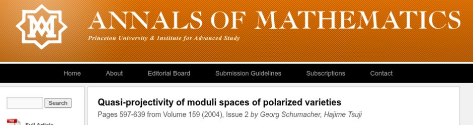 Annals of Mathematics: Quasi-projectivity of moduli spaces of polarized varieties, Georg Schumacher and Hajime Tsuji, 2004
