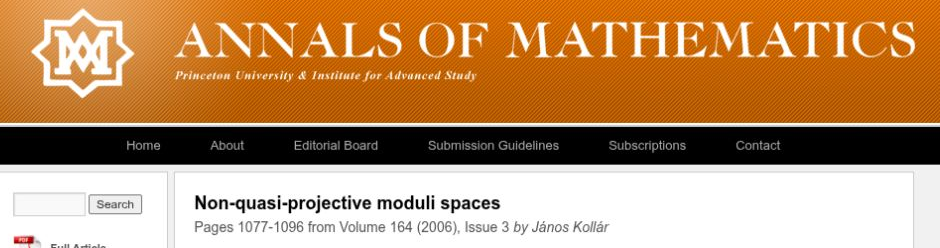 Annals of Mathematics: Non-quasi-projective moduli spaces, János Kollár, 2006